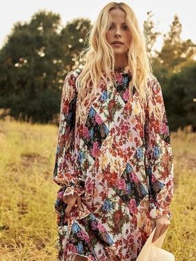Anthropologie Maeve Shara Patchwork Pleated Floral Boho Cottagecore Midi Dress